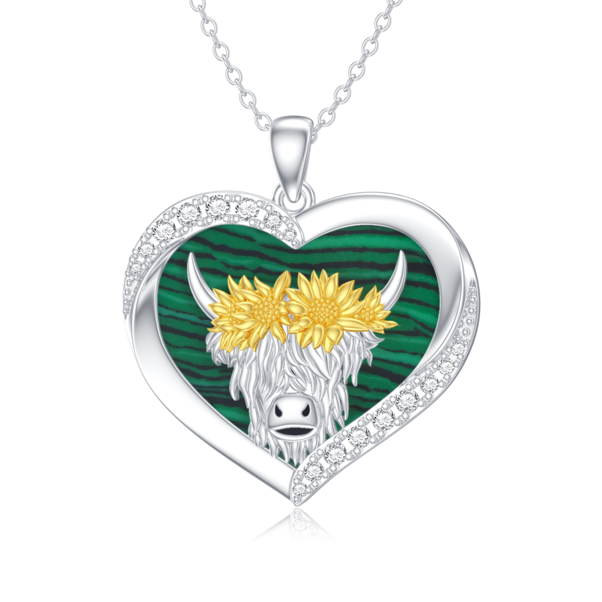 Sterling Silver Cubic Zirconia & Malachite Cow & Sunflower Pendant Necklace-1